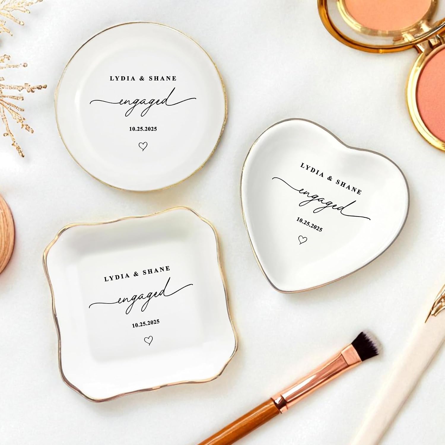 Personalized Ring Dish Engagement Gift for Couples - Custom Ceramic Jewelry Tray for Bride, Her, Women & Friends - Monogrammed Wedding Gifts, Trinket Dish for Rings and Earrings, Bridal Shower Gift