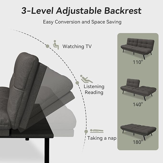 Convertible Futon Sofa Bed,Grey Linen Modern Futon Couch,Memory Foam Loveseat Sleeper Recliner,Detachable Cushion,Adjustable Backrest & Armrest,Couch for Living Room,Office,Apartment
