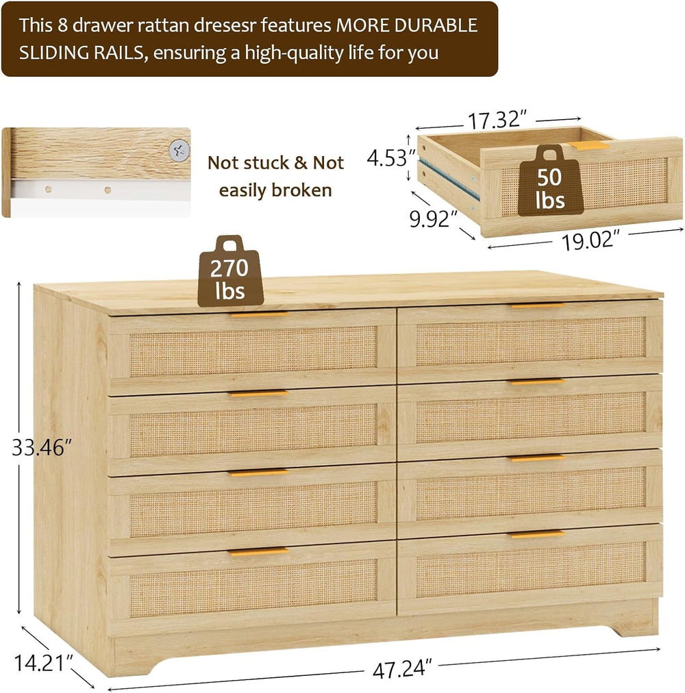 HOPUBUY Living Room Table Sets, Boho Large Drawer | Natural,Rattan TV Stand C...