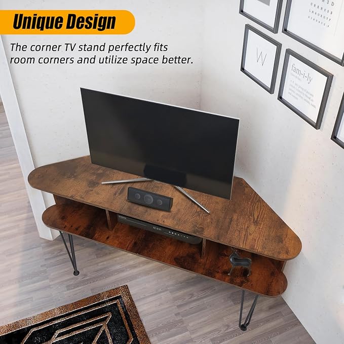 Corner TV Stand for 50 Inch TV, Entertainment Center with Storage Cabinet, Industrial Media Console Table with High Metal Feet and Anti-Slip Pads, Corner TV Stand for Living Room, Brown