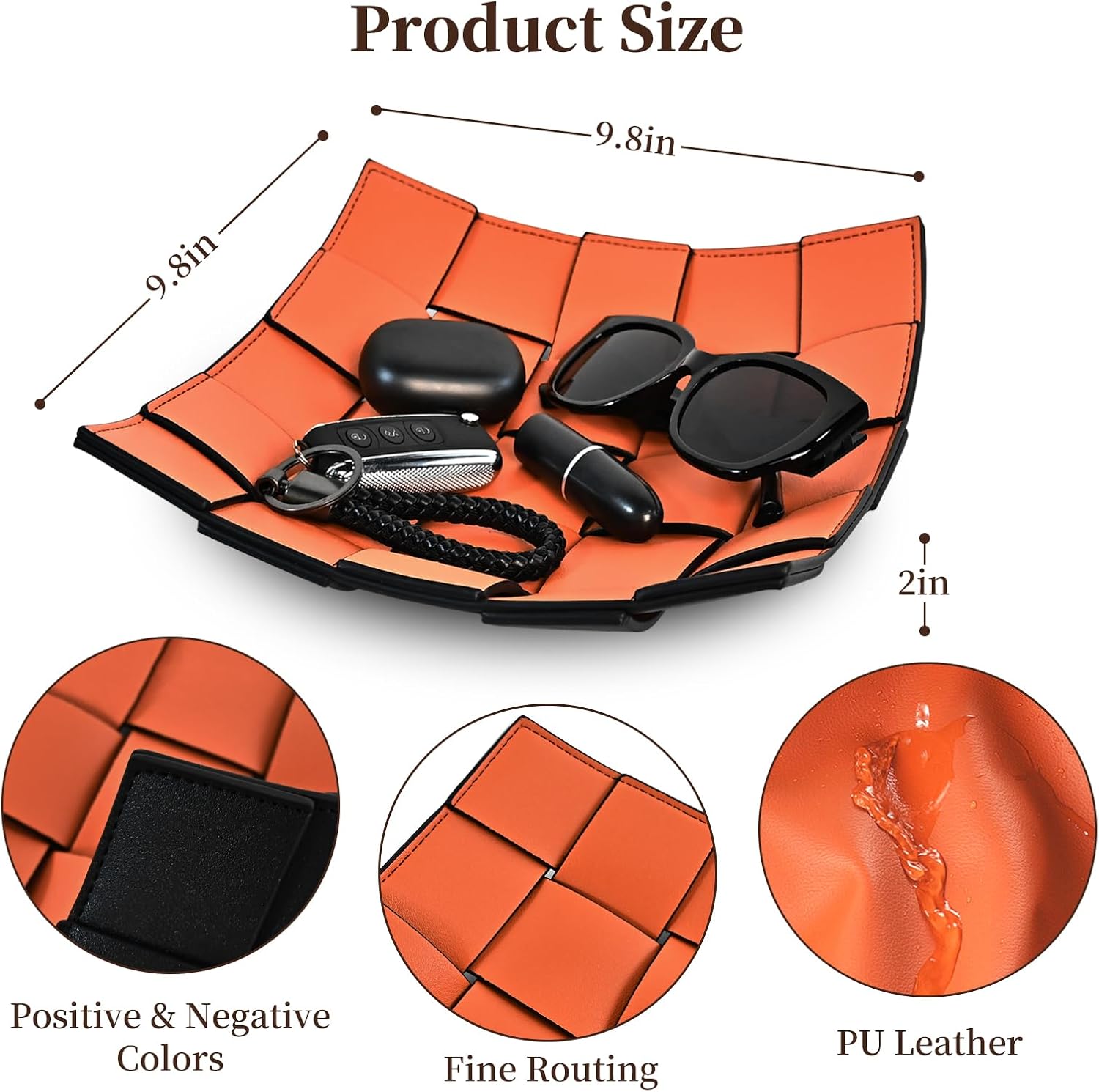 MSJGA Valet Tray PU Leather Key Holder Bowl for Women and Men Entryway Table Nightstand Desk Tray for Wallet, Keys Men's Gift - Orange & Black, 9.8" L x 9.8" W x 2" H