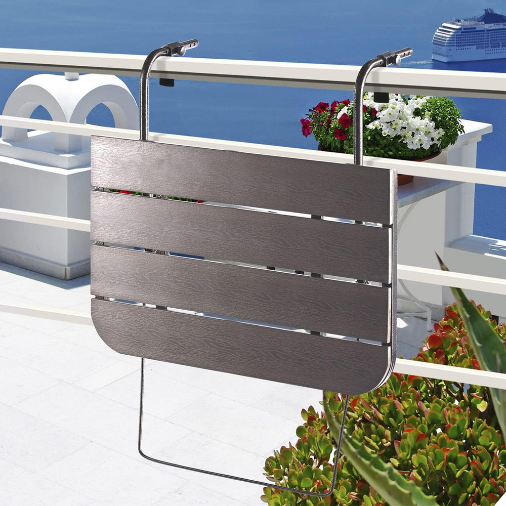 Balcony Railing Table Outdoor Hanging Folding Brown Aluminium Metal Side Tabl...