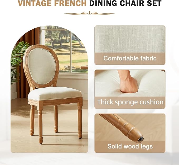 Nrizc French Country Dining Chairs Set of 2, Vintage Farmhouse Dining Chairs with Round Back, Solid Wood Dining Room Chairs, for Kitchen, Bedroom, Dining Room