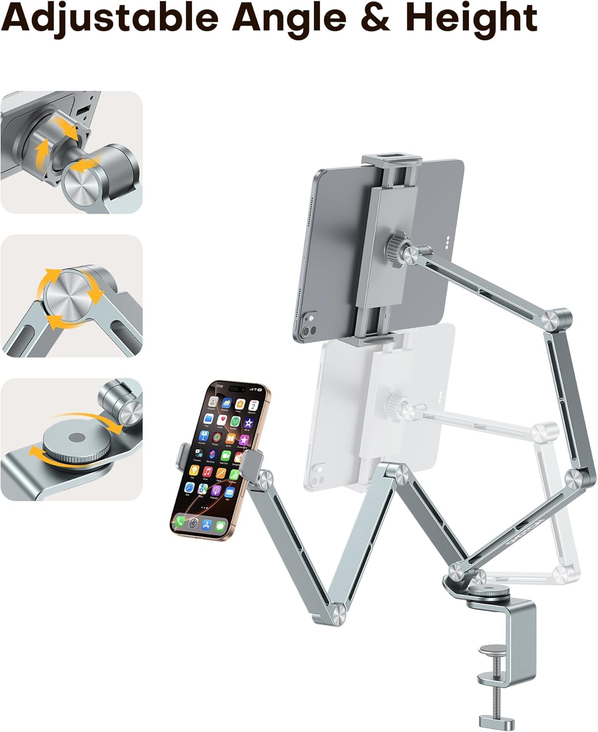 OMOTON Adjustable Tablet Stand for iPad, Desk Phone Holder for Bed with 2 Clamps, Flexible Aluminum Alloy Mount with 360° Rotation for 4-13" Devices