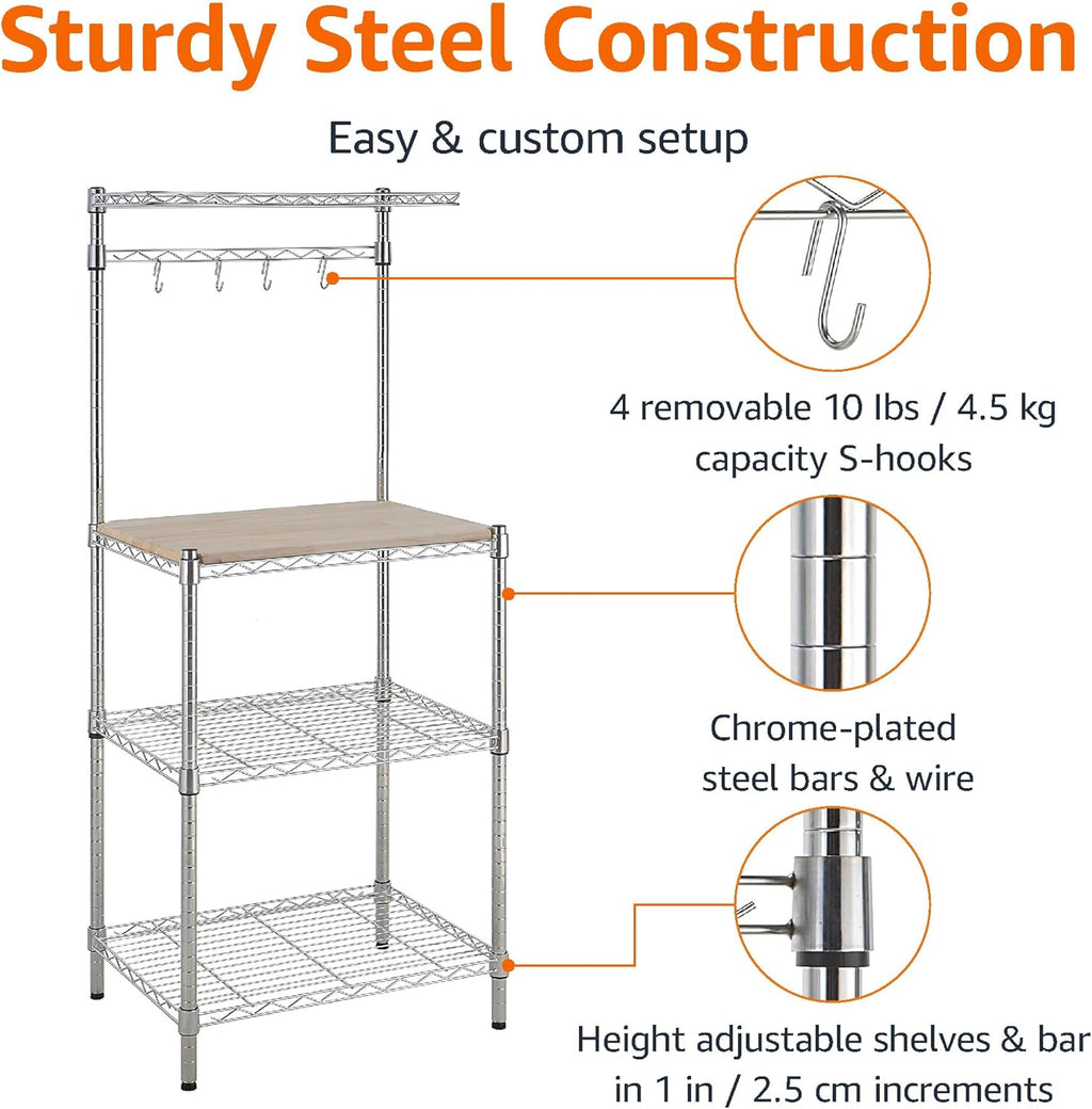 Amazon Basics Kitchen Storage Baker's Rack with Removable Wood Top, Chrome/Beige, 24"W x 59"H x 18"D