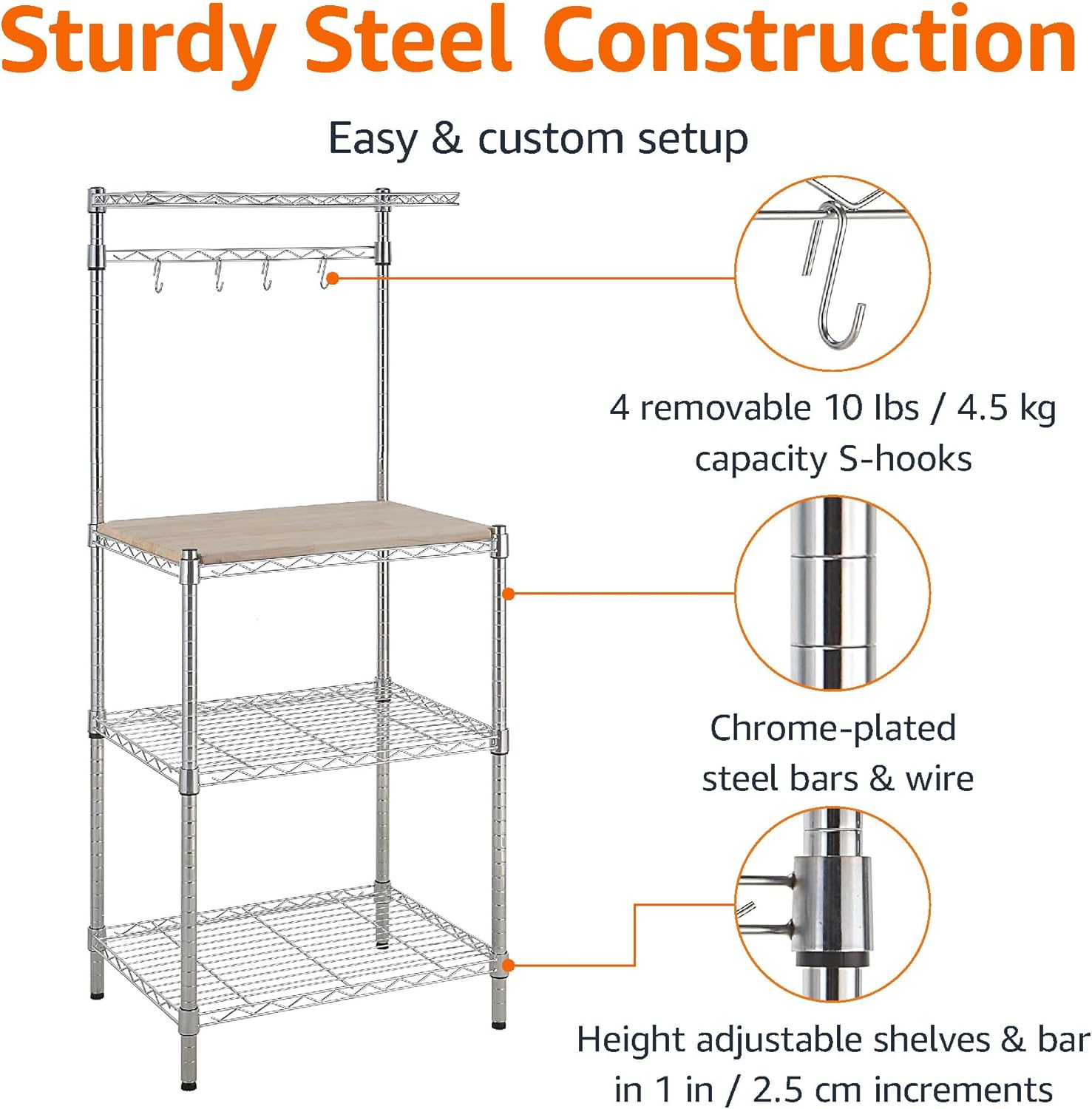 Amazon Basics Kitchen Storage Baker's Rack with Removable Wood Top, Chrome/Beige, 24"W x 59"H x 18"D