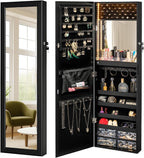 LUXFURNI 79 LED Lights Mirror Jewelry Cabinet, Wall Mounted/Door-Hanging Mirror with Storage, Lockable Jewelry Mirror Organizer, Black
