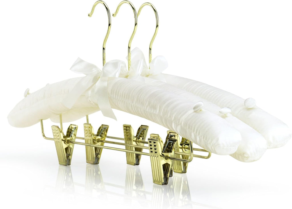 HANGERWORLD Pack of 5 Ivory Satin Padded Hangers with Clips for Skirts, Pants & Sweaters with Non-Slip Buttons, Pretty Hanger for Women Clothing - 17 Inch