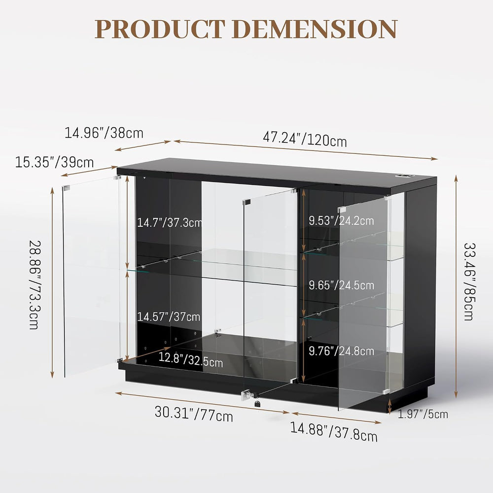 Gurexl 47.2" W Glass Display Cabinet with 3-Color LED Lights, 5-Tier Loc...