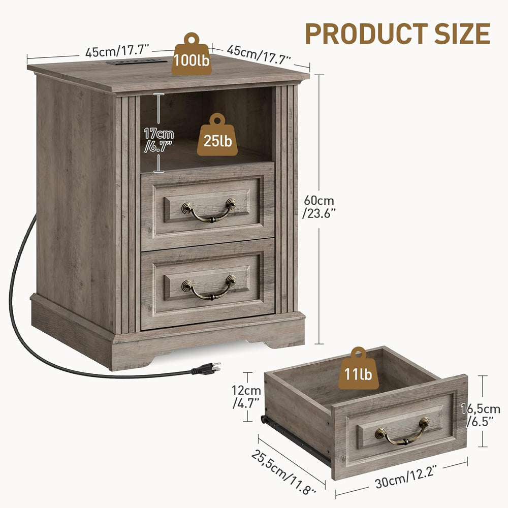 RALGEND Farmhouse End Table with 2 Drawers, Nightstand with Charging Station,...