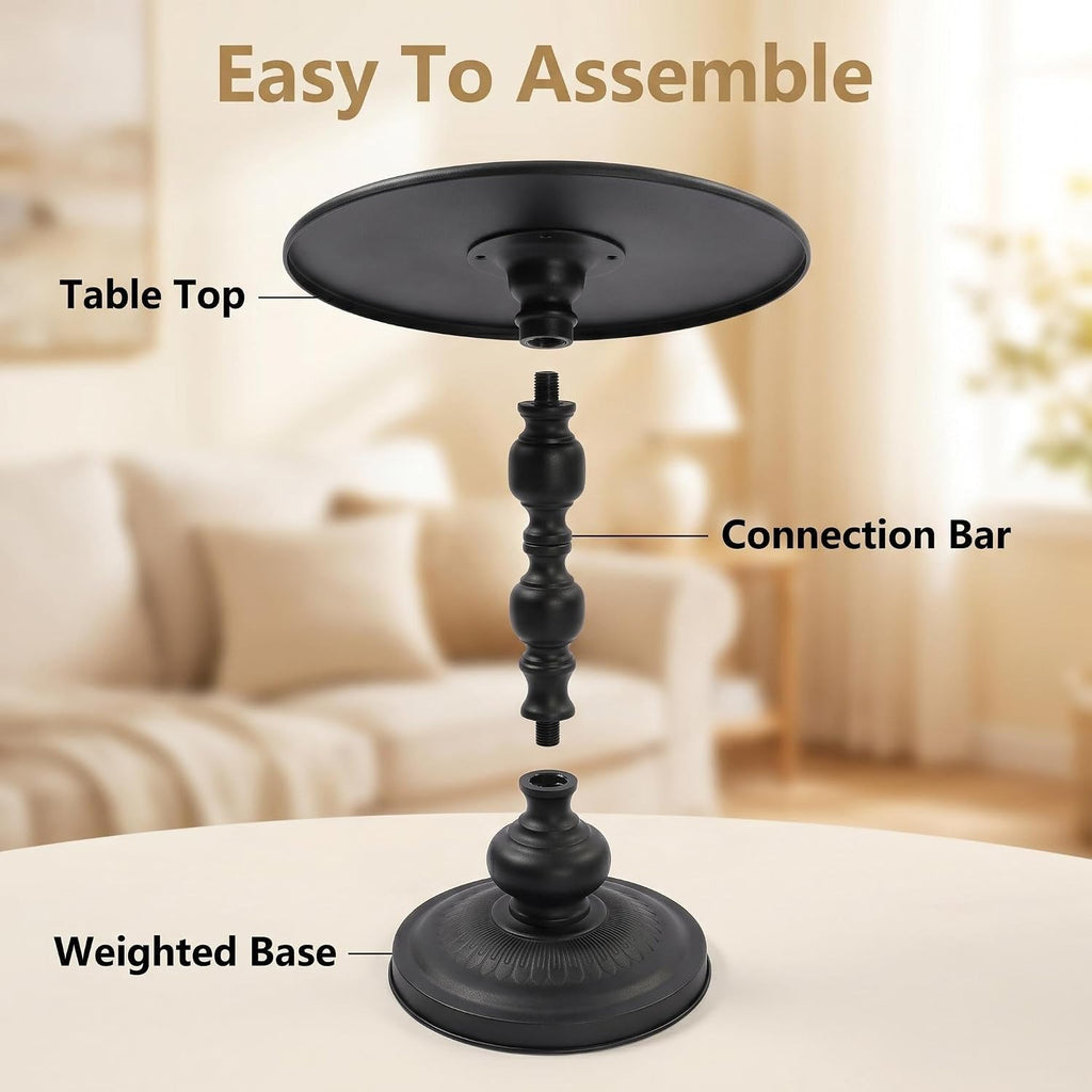End Table, Set of 2, Pedestal, Metal, Black, for Living Room & Small Spaces | Vintage Black Metal Accent End Tables for Living Room, Small Round Drink Tables for Sofa Bedside Corner Small Spaces