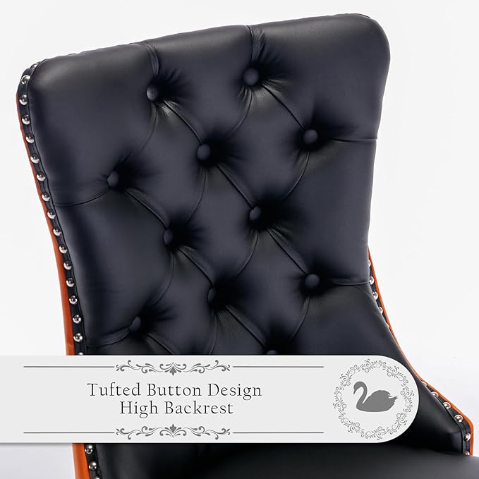 PU Upholstered Dining Chairs Set of 2, Modern Style Kitchen Side Chairs with Nailhead Trim and Wood Leg, Metal Pulling Ring for Dining Room Living Room(Black&Orange,Set of 2)