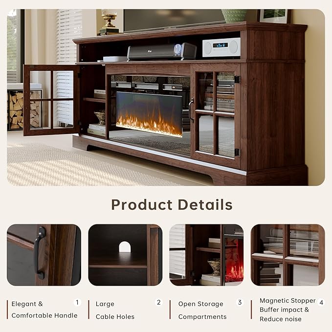 70" Farmhouse TV Stand with 36" Fireplace for TVs up to 80", Media Entertainment Center with Adjustable Shelves and Large Storage Cabinets, for Living Room, Brown & Black