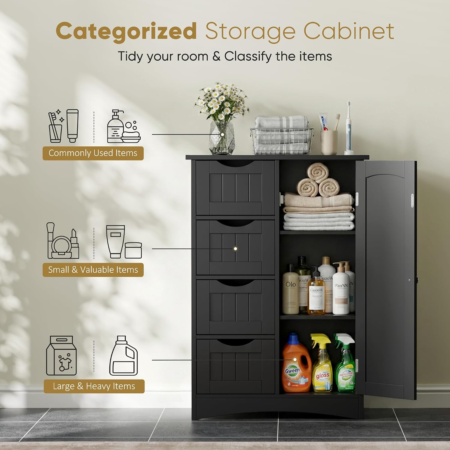SUPER DEAL Bathroom Storage Cabinet with 4 Drawers and 1 Cupboard, Entryway Home Decor Furniture Towels Storage Organizer Unit, Black