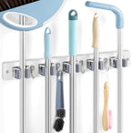 White Broom Holder Wall Mount - Heavy Duty Wood Mop and Broom Organizer with 5 Slots & 4 Hooks - Garden Tool Hanger for Laundry Room Closet Kitchen Garage Storage and Organization - Modern Home Decor