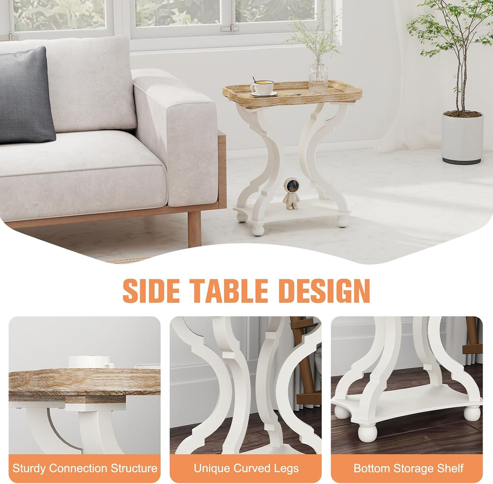 Farmhouse End Table, 24" H Rustic Side Table with Storage Shelf, French ...