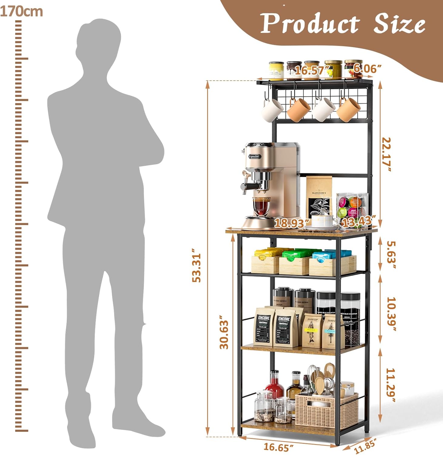 5 Tier Coffee Bar Station, Kitchen Stand with 4 S-Shaped Hooks, Farmhouse Corner Coffee Bar Cabinet for Small Spaces, Bakers Rack for Kitchen, Entryway, Living Room, 13.43"D x 18.93"W x 53.31"H