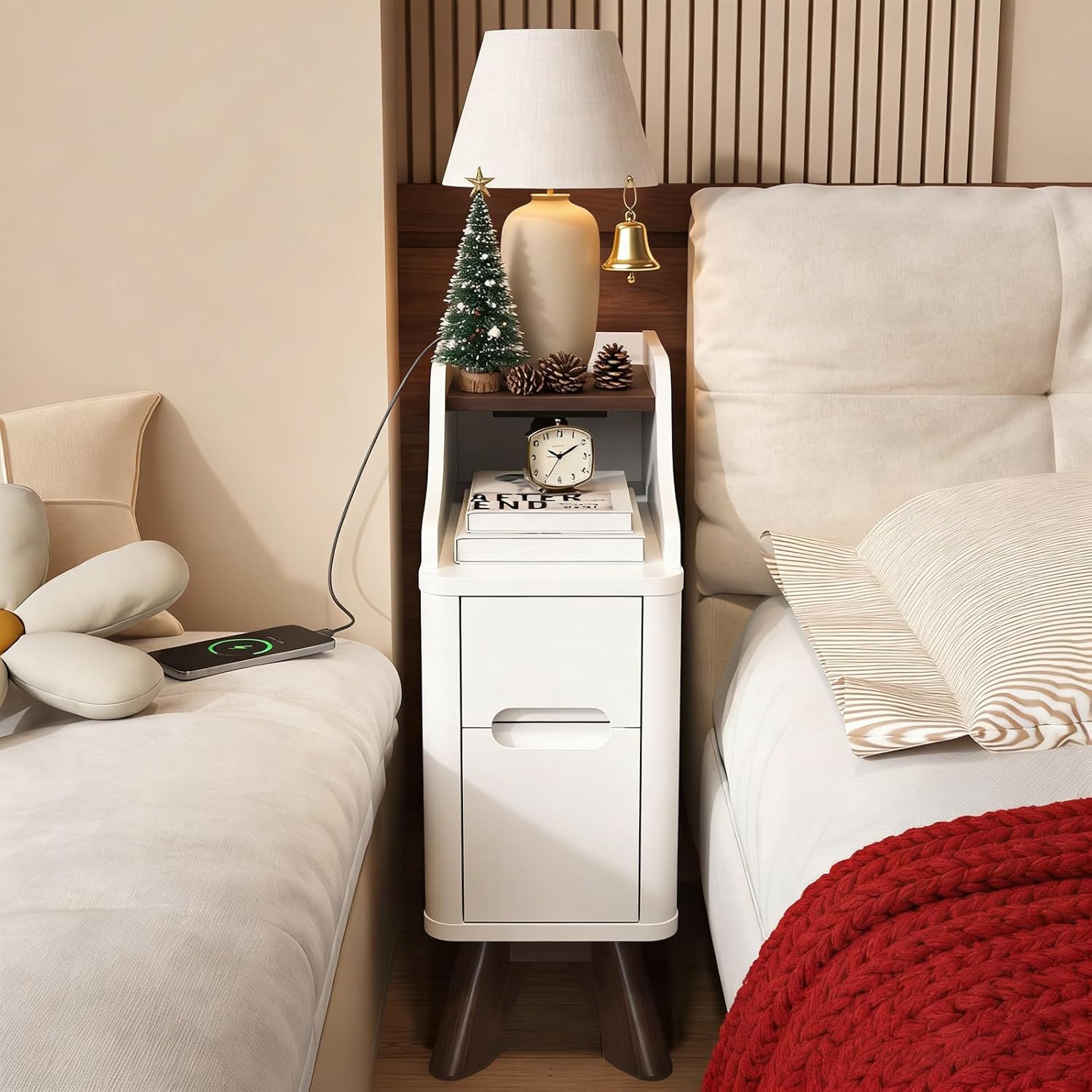 Narrow Nightstand with Drawers, Wood Night Stand with Charger Station, Narrow Bedside Table Modern Side Table Skinny End Table for Bedroom, White