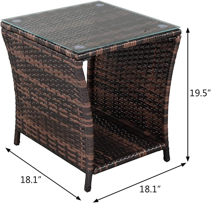 Bonnlo Small Garden Table, Rattan Patio Table with Glass Top & Shelf Under, Weatherproof for Indoor Outdoor, 46x46x50cm Brown