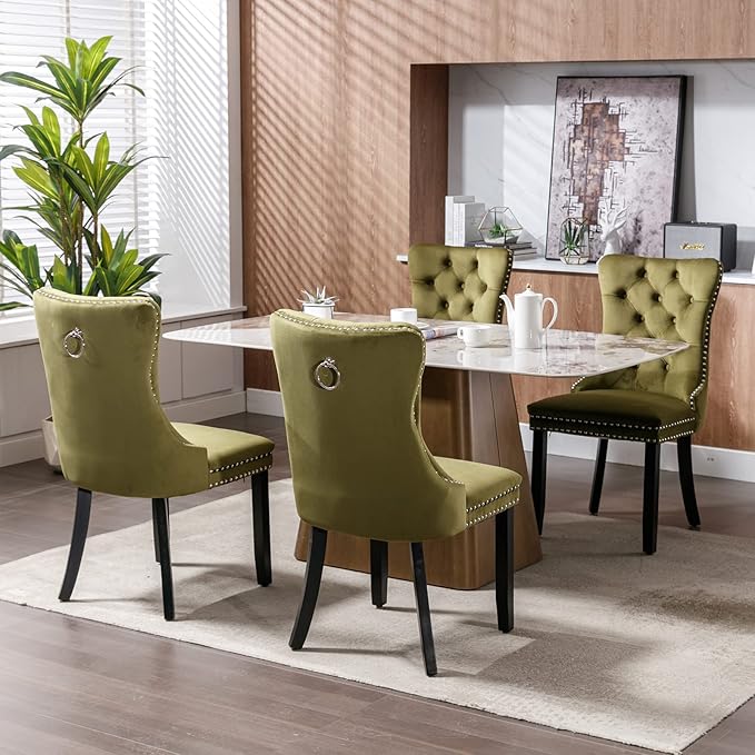 Modern Dining Chairs Set of 2, Tufted Upholstered Dining Chair with Solid Wood Legs, Olive Green Velvet Accent Chair, Sillas de Comedor, Comfy Kitchen Chairs (Olive Green, Velvet, 2Pcs)