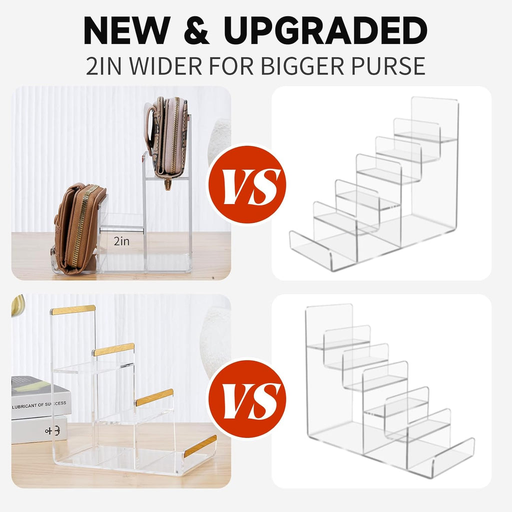 2 Pack 3-Tier Purse Display Stands, Acrylic Wallet Holder Risers Stand, 2-Inch Spacing Clear Clutch Rack Handbag Display Shelf, 4MM Thick Counter Wallet Organizer for Figure Sunglasses Retail Vendor