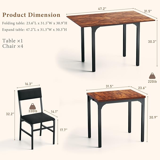 Dining Table Set for 4, Extendable Kitchen Table Cushion Chairs Set of 4, Rectangle Dining Table with Metal Frame & MDF Board, Folding for Small Apartment Saving Space, Rustic Brown
