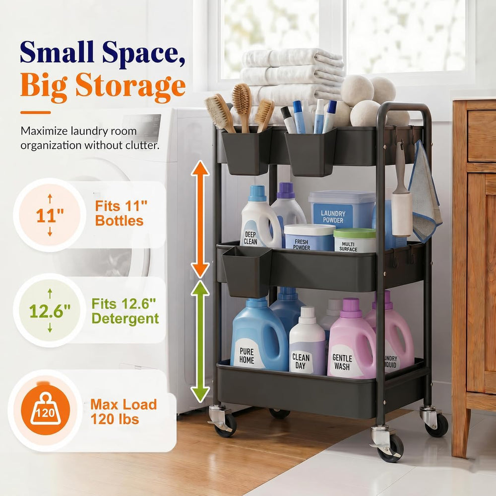 3 Tier Heavy Duty Metal Rolling Storage Cart Organizer with Wheels, Black | T...