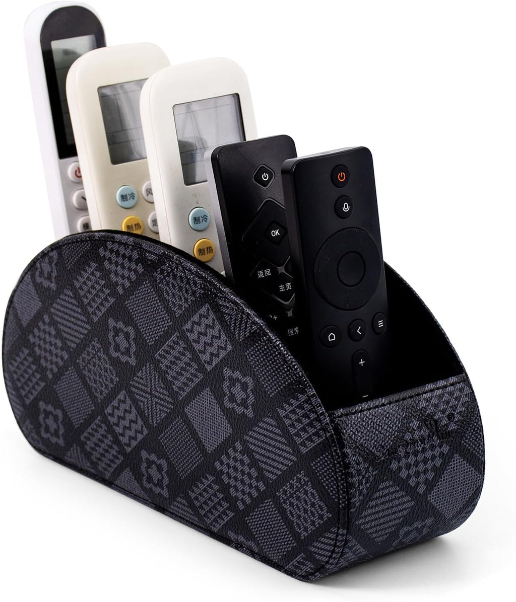 Remote Control Holders Organizer Box with 5 Compartment PU Leather Multi-functional Office Desk Storage Caddy Store Tv Remote for Media Player,Brush,Pencil,Glassees&Office Supplies (Grey print)