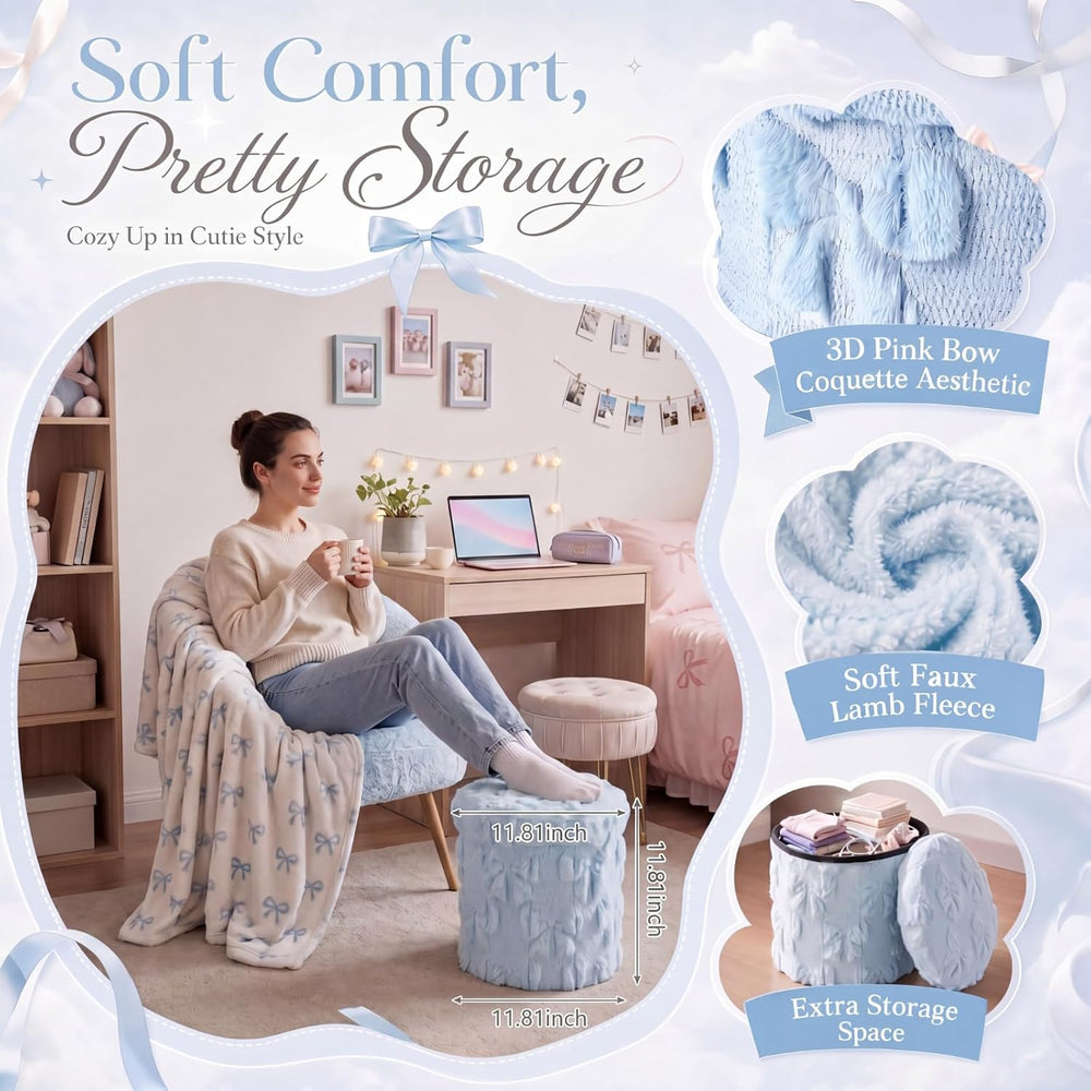 RattanView Foldable Ottoman with Storage 12 Inch Blue Bow Coquette Round Stor...