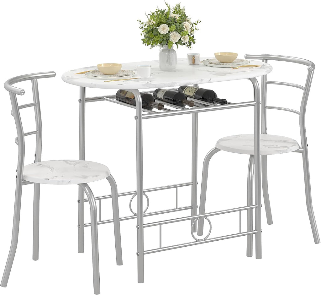 VECELO 3-Piece Dining Table Set for Kitchen Breakfast Nook, Faux Marbled Oval Tabletop and Metal Frame with Built-in Wine Rack, for Small Spaces, White & Silver