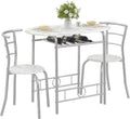 VECELO 3-Piece Dining Table Set for Kitchen Breakfast Nook, Faux Marbled Oval Tabletop and Metal Frame with Built-in Wine Rack, for Small Spaces, White & Silver