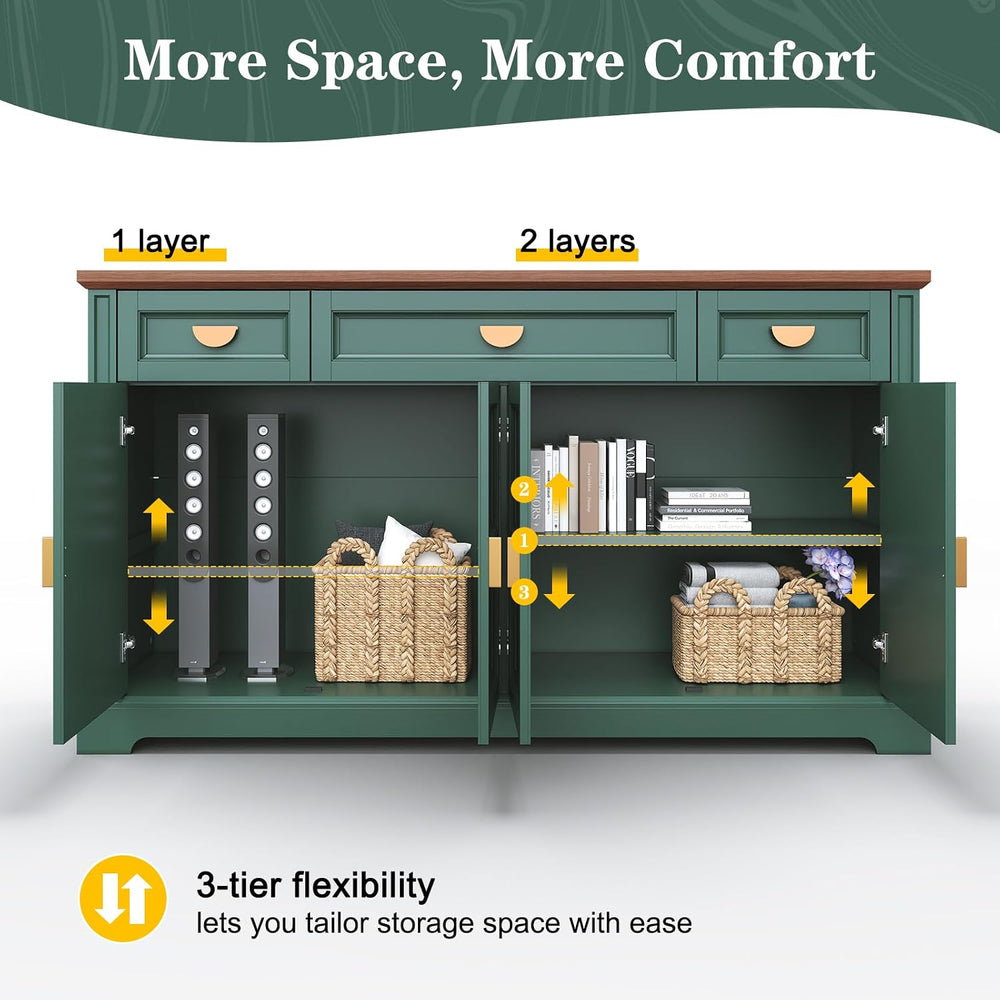 HLR 60” Large Buffet Sideboard Cabinet with 4 Doors and 3 Drawers Shaker Styl...
