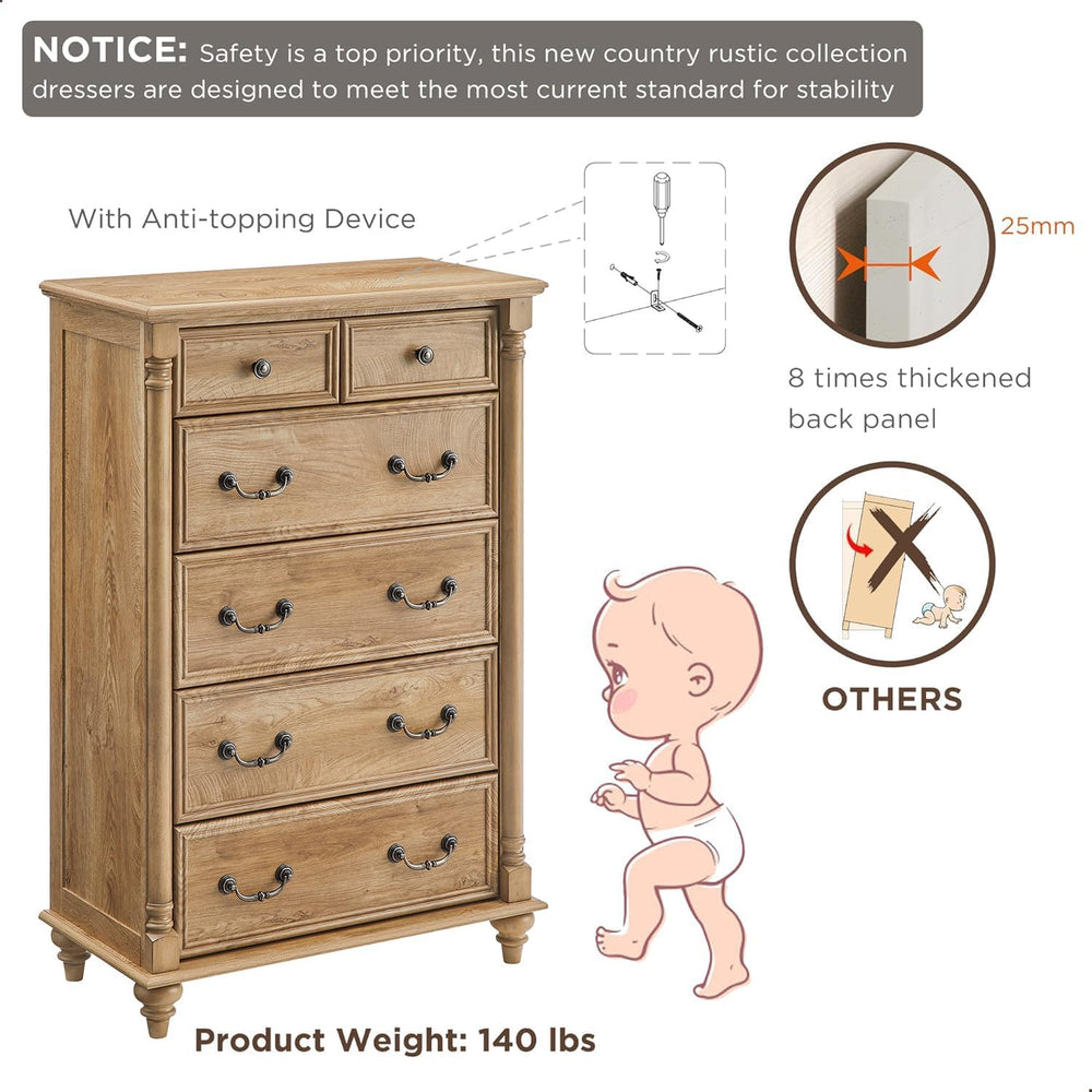 T4TREAM Farmhouse 6-Drawer Dresser with Solid Wood Feet, Light Tree Knot