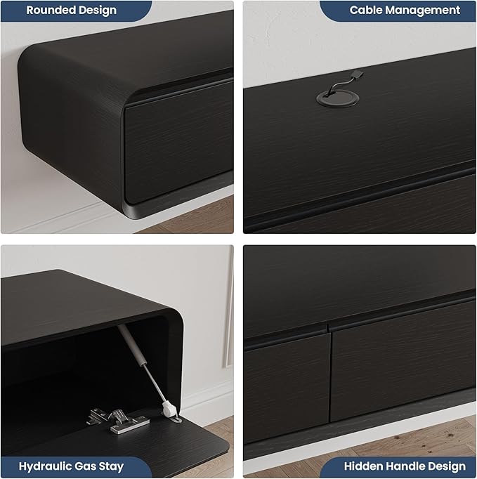 POVISON Fully-Assembled Minimalist Floating TV Stand, Modern Wall-Mounted Entertainment Center with 4 Flip-Down Cabinet Doors, Solid Wood Media Console, Black Oak, 94"