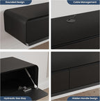 POVISON Fully-Assembled Minimalist Floating TV Stand, Modern Wall-Mounted Entertainment Center with 4 Flip-Down Cabinet Doors, Solid Wood Media Console, Black Oak, 94"