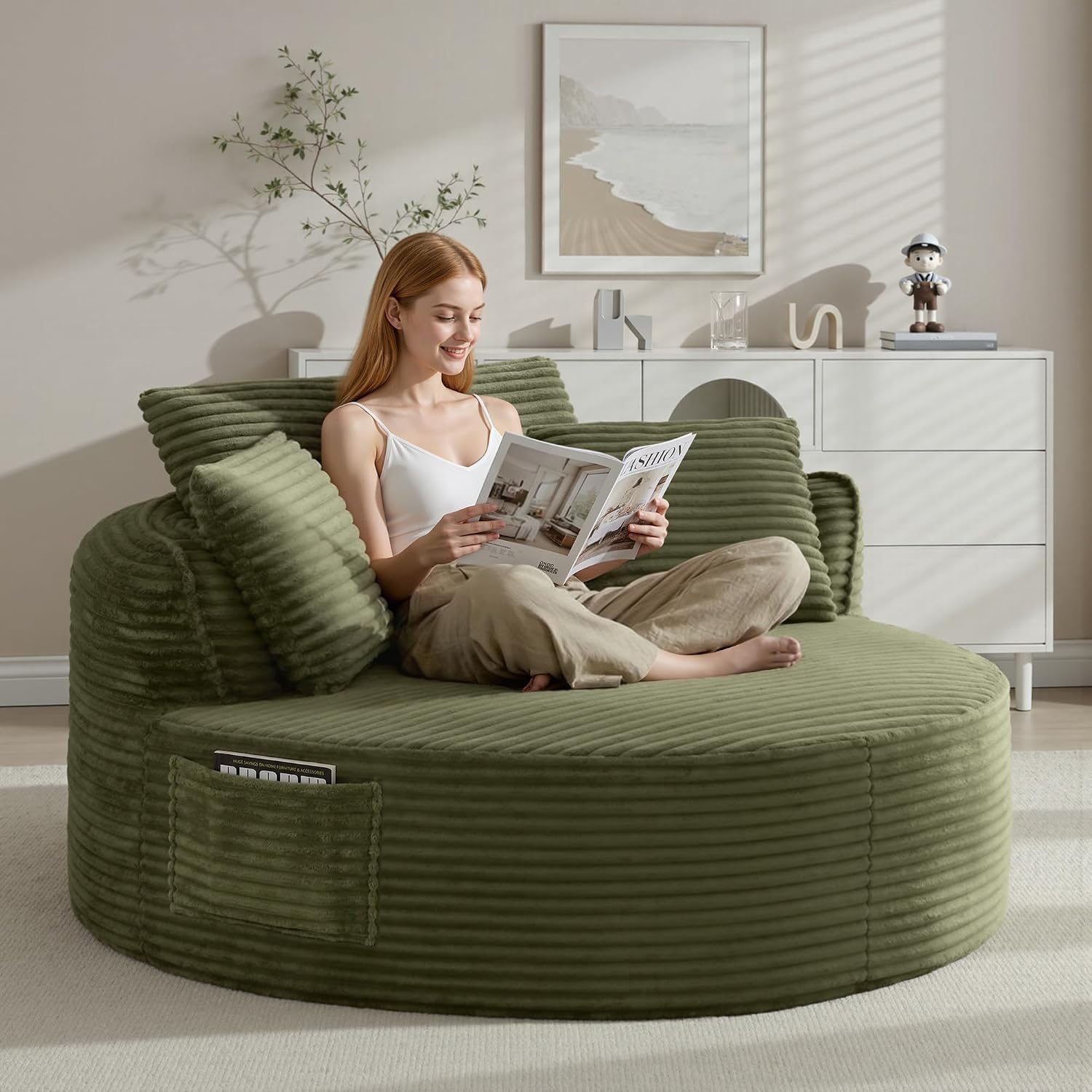 ivoros Oversized Round Lounge Chair Indoor, Corduroy Upholstered Deep Seat Cloud Circle Sofa Chair, Fluffy Boneless Sleeper Chair for Reading & Lounging, No Assembly Required (Green)