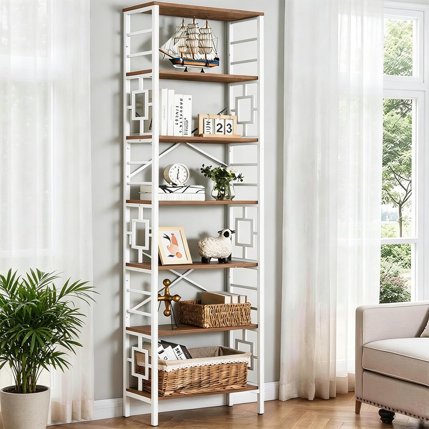 HOMISSUE Bookcase,7-Tier Tall Bookshelf Metal Bookcase and Bookshelves, Free Standing Storage Modern Bookshelf for Home Office Living Room and Bedroom, White