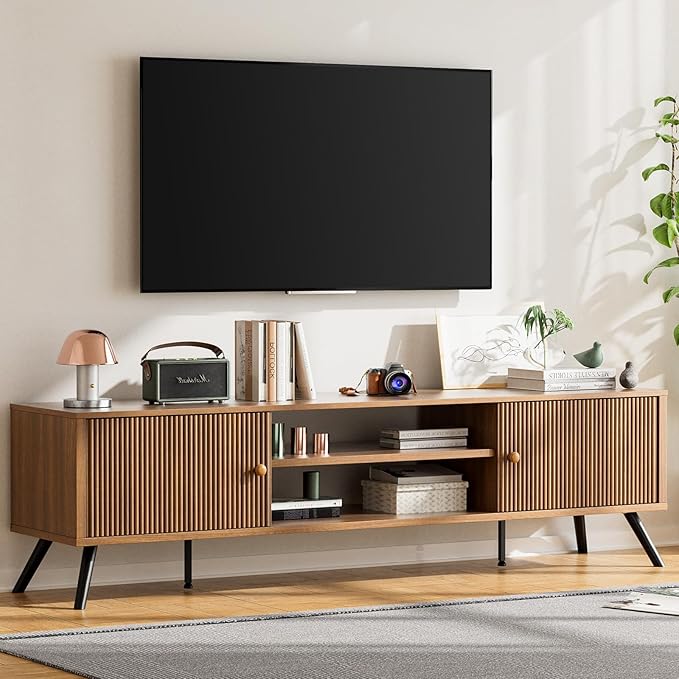 COMHOMA TV Stand for Living Room, Mid Century Modern Entertainment Center for 65/70/75 Inch TVs, Retro Brown TV Console with Fluted Door Cabinets and Open Adjustable Shelve Storage for Bedroom (70In)