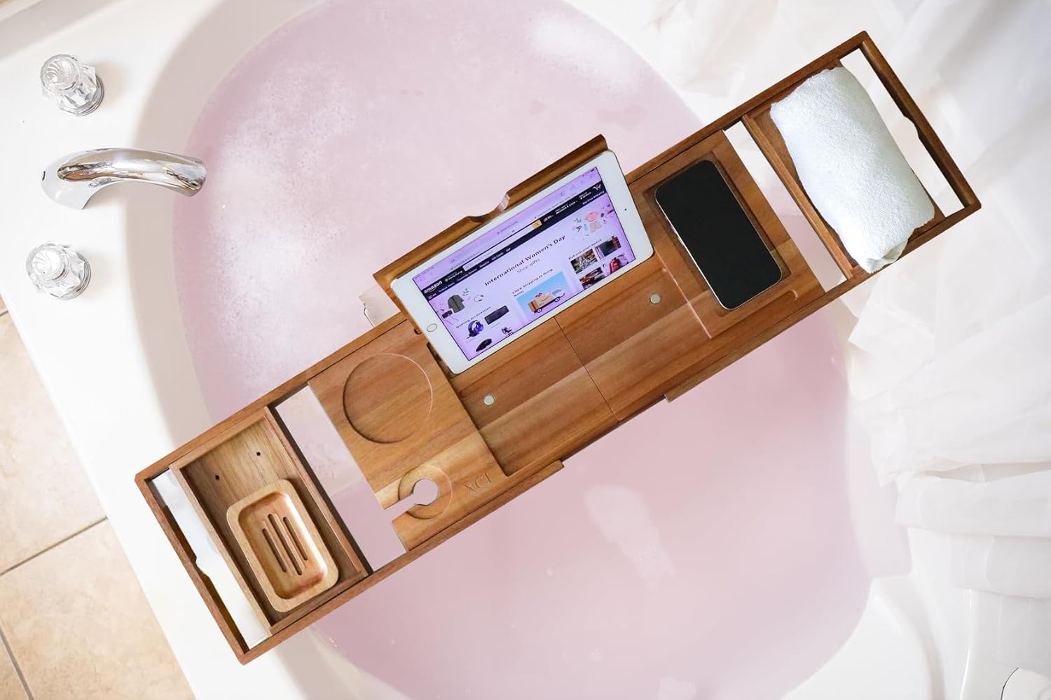 XcE Foldable Acacia Wood Bathtub Caddy Tray - Expandable to 40 Inches with Non-Slip Pads for Couples Luxury Bath