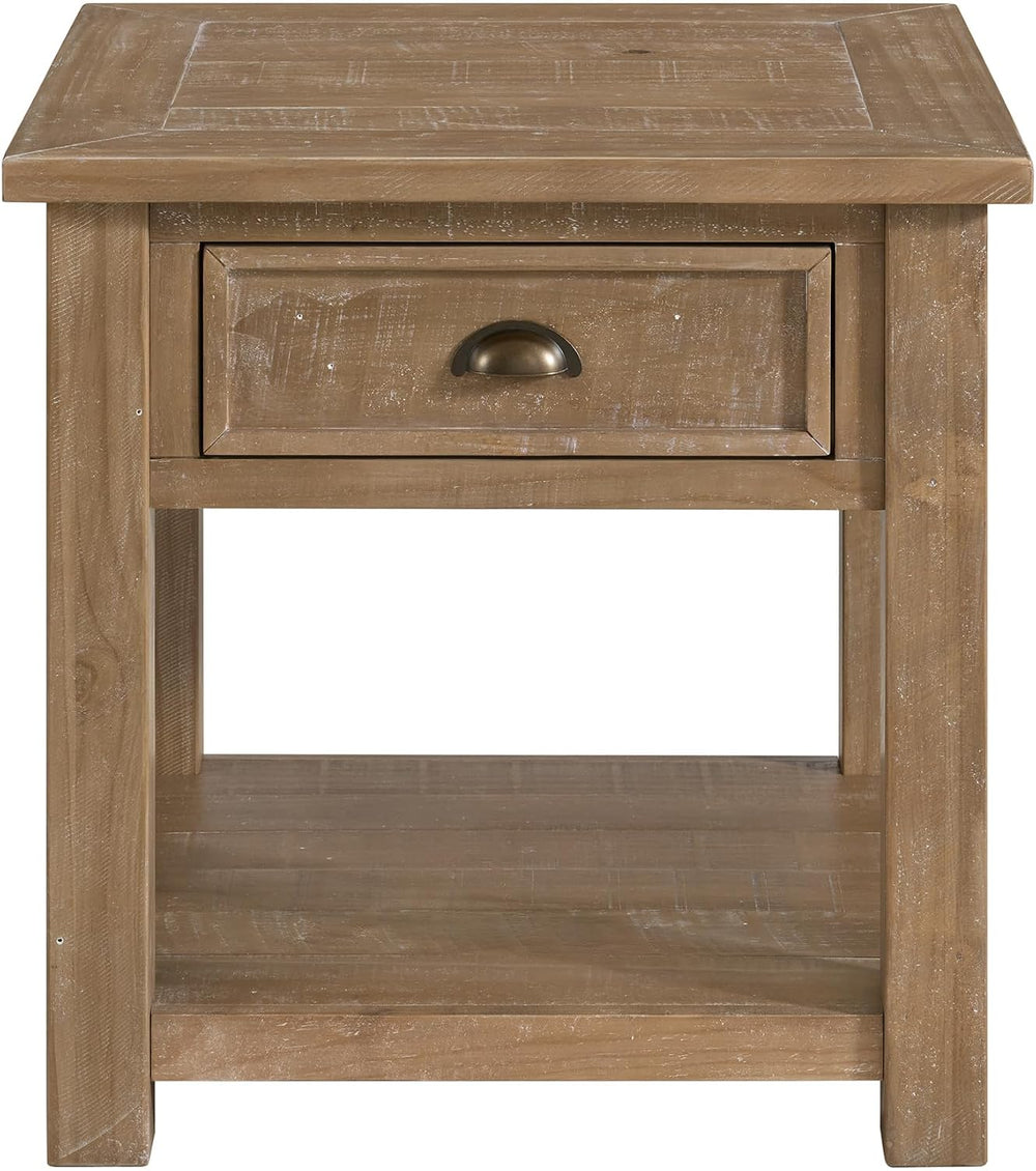 Monterey Farmhouse Rustic End Table, Solid Pine Wood Coastal Side Table with ...