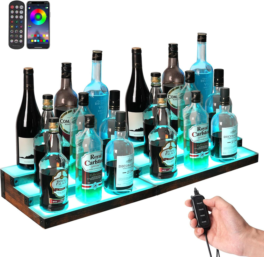 2-Pack 16‘’ LED Lighted Liquor Display, 3-Tier 32Inch Total Bar Shelves for L...
