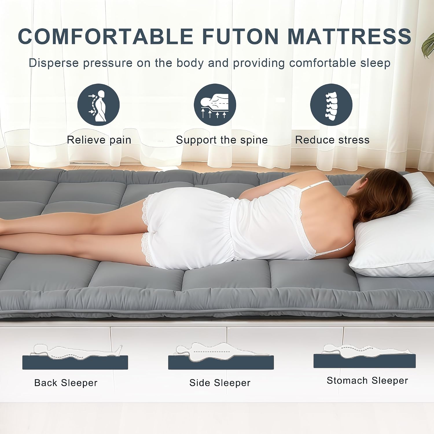 Japanese Floor Mattress Futon, Thick 5-Layer Roll Up Foldable Mattress, Comfortable Foam Tatami Mat Sleeping Pad (Gray, Twin)