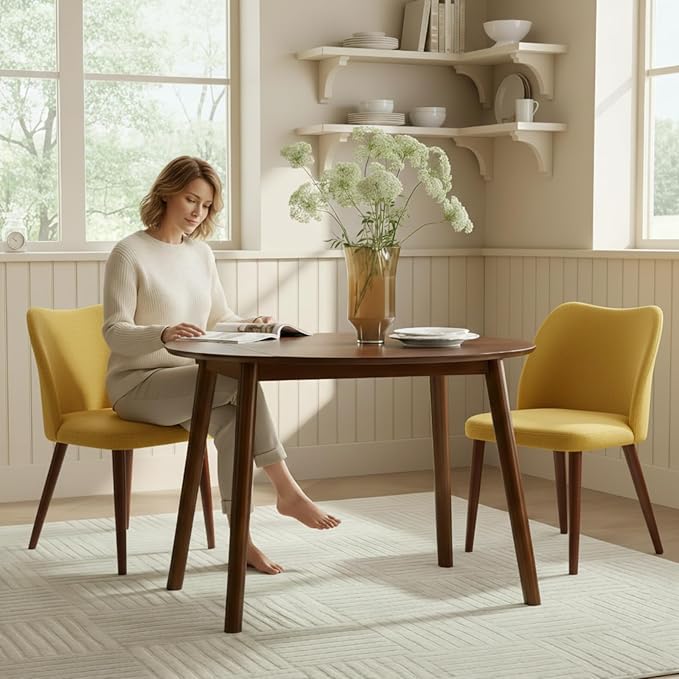 Dining Chairs Set of 2, Upholstered Kitchen Dining Room Chair Set Morden Accent Side Dinner Chair with Curved Padded Back Wood Legs for Restaurant/Cafe, Mustard