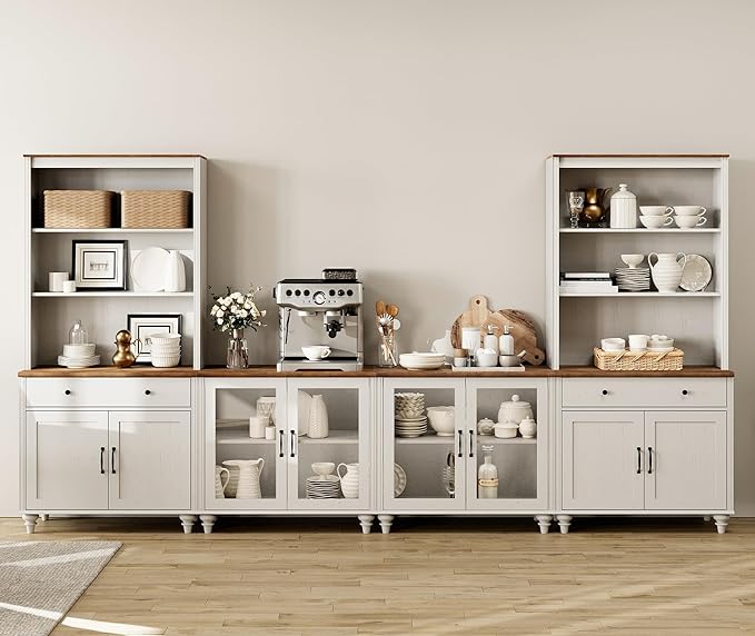 WAMPAT Entertainment Center with Bookshelves for TVs up to 75", Farmhouse Wall Unit TV Stand with Glass Doors & Drawer, Media Console TV Table for Living Room, Bedroom & Home Theater, White