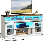 HOOBRO TV Stand for 65 Inch TV, Farmhouse Entertainment Center with LED Lights and Charging Station, Media Console TV Cabinet with Adjustable Shelves and Glass Doors for Living Room, White and Walnut