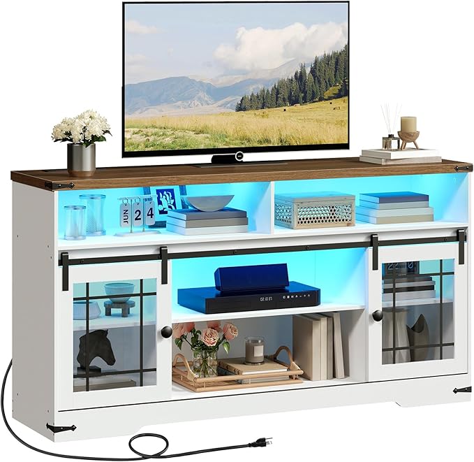 HOOBRO TV Stand for 65 Inch TV, Farmhouse Entertainment Center with LED Lights and Charging Station, Media Console TV Cabinet with Adjustable Shelves and Glass Doors for Living Room, White and Walnut