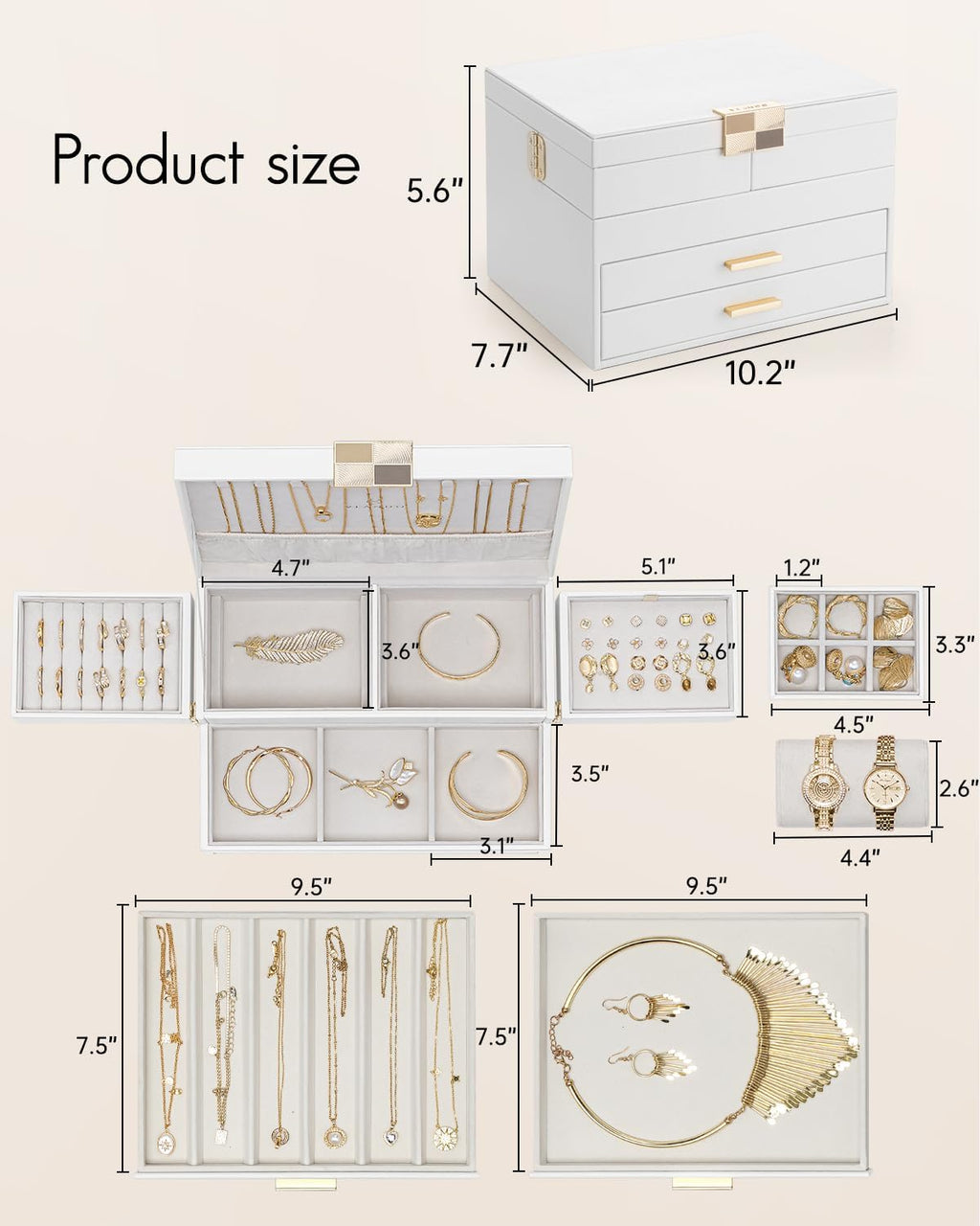 Vlando 4 Layers Jewelry Box - Women Jewelry Box with Retractable Tray - Jewelry Organizer with Drawer for Necklaces, Rings, Bracelets, Earrings, Gift for Couples Mom Girls - White