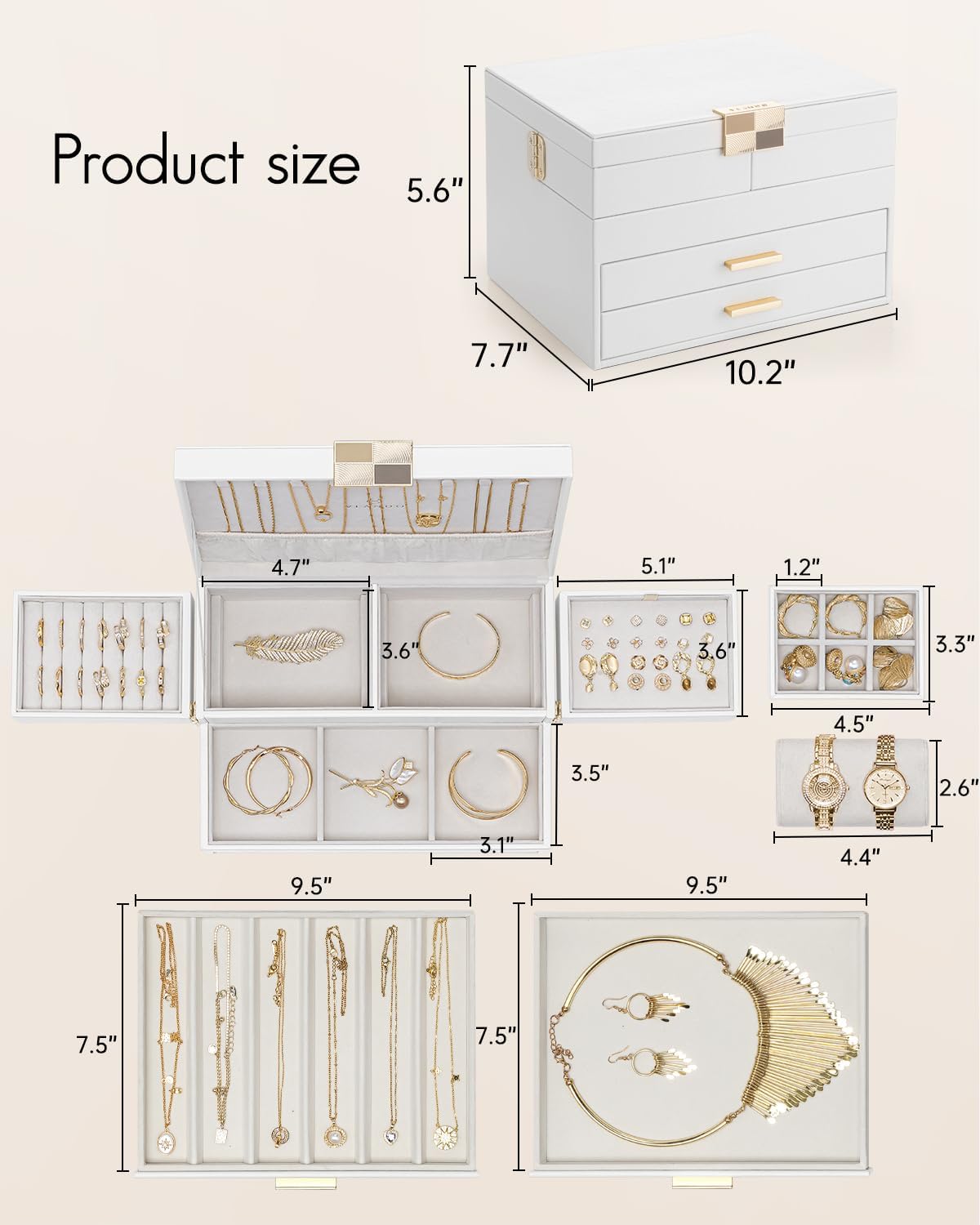 Vlando 4 Layers Jewelry Box - Women Jewelry Box with Retractable Tray - Jewelry Organizer with Drawer for Necklaces, Rings, Bracelets, Earrings, Gift for Couples Mom Girls - White
