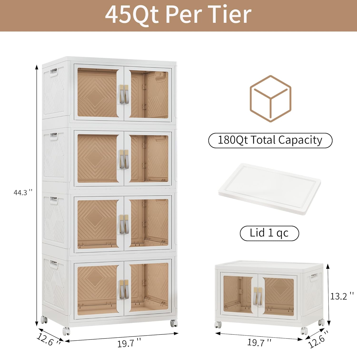 Large Clear Stackable Storage Bins with Lids, Foldable Storage Cabinet for Closet Organizers and Storage, Plastic Storage Box with Wheels 180 QT
