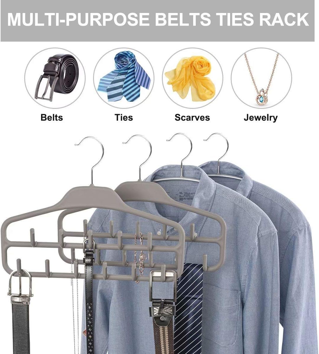 FairyHaus Belt Hanger Organizer 2 Pack, Non Slip Tie Rack Holder, Durable Hanging Closet Accessory Hooks for Belts, Ties, Jewelry, Scarves, Tank Tops, Grey